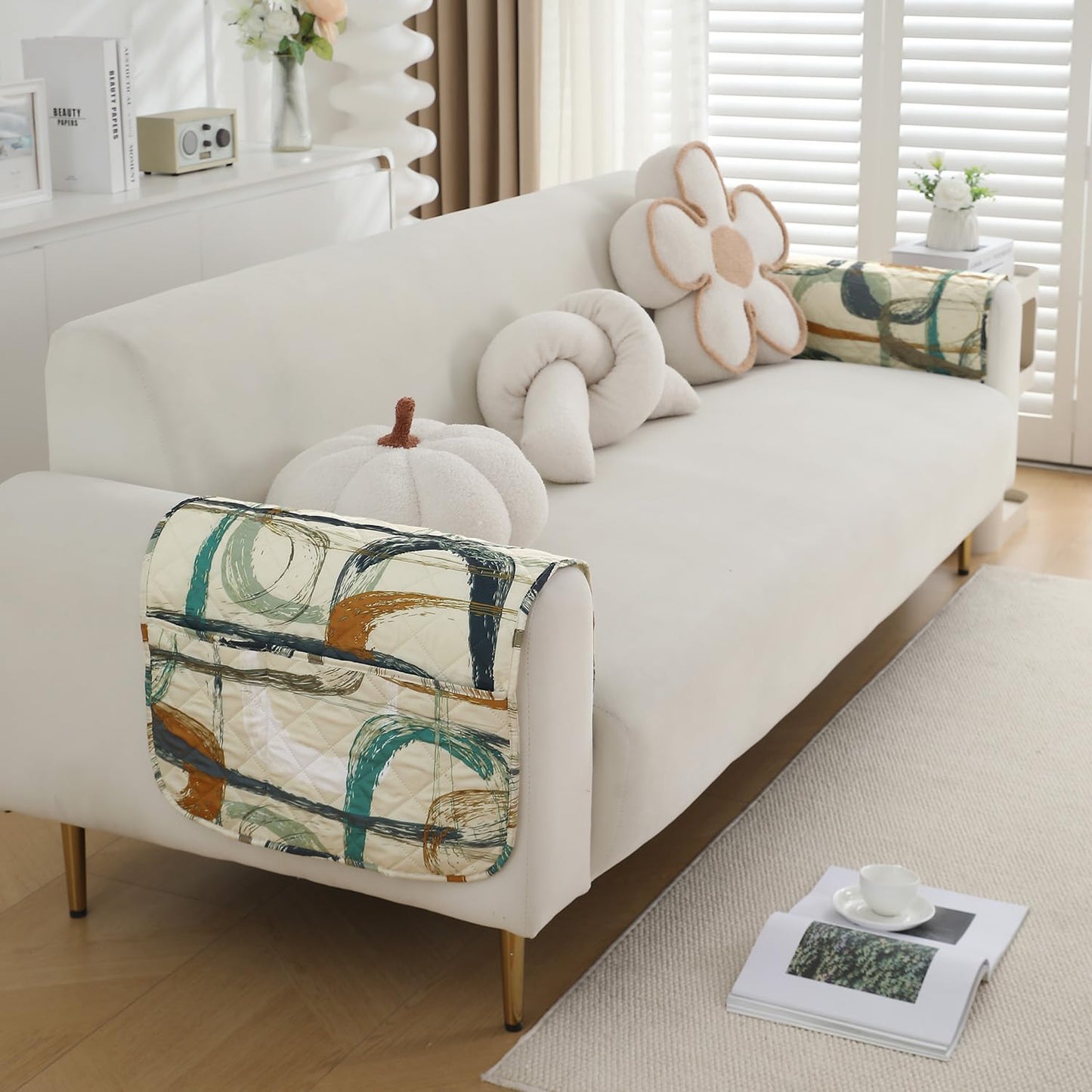 Water Repellent & Waterproof Sofa Armrest Covers with Pockets (Set of 2) - Parchement Beige Abstract Art