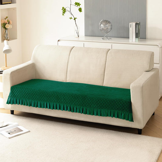 Holland Velvet Sofa Cover Seat Mat with Frill for 1/2/3 - Seater, Bottle Green