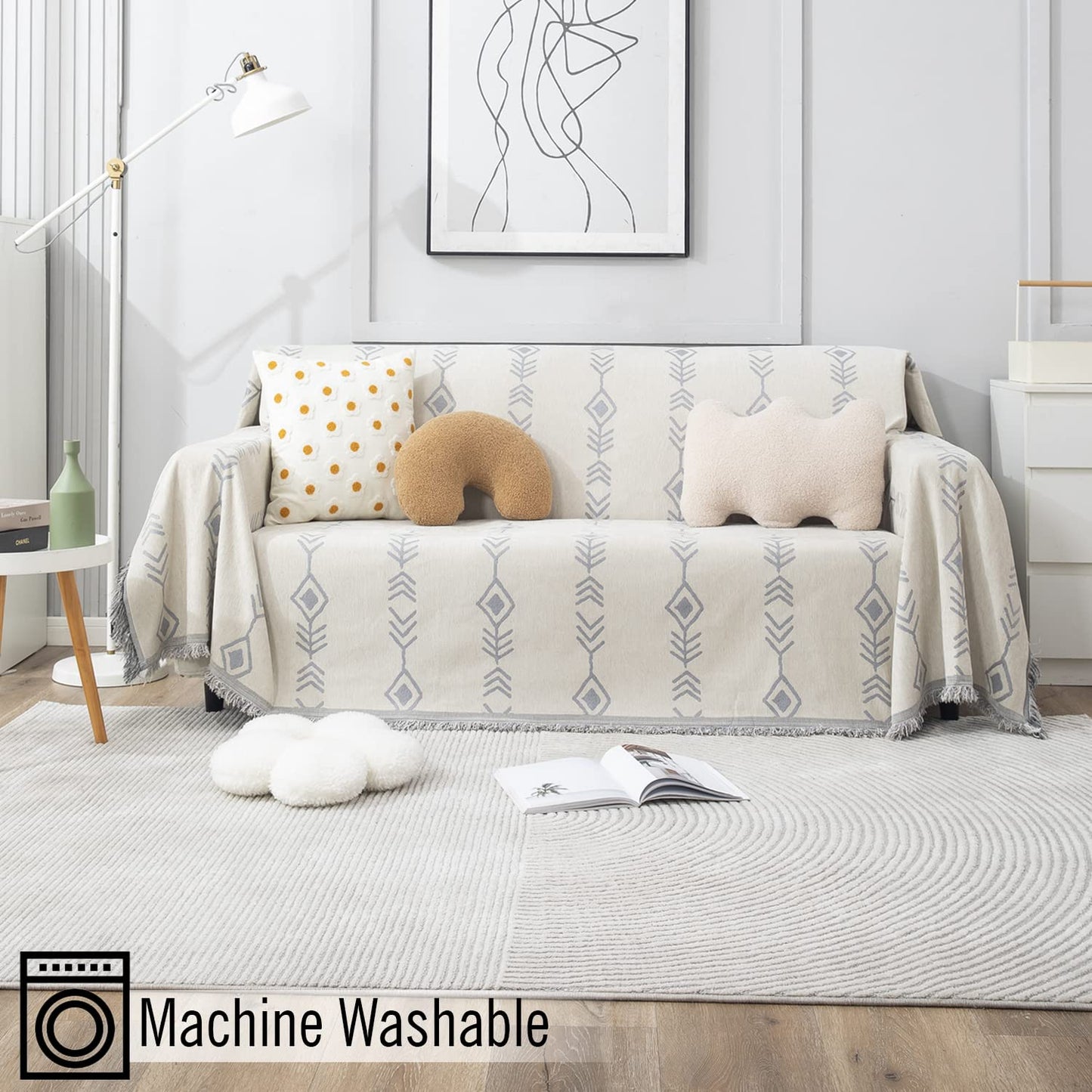 Thick, Soft and Pet Friendly Chenille Sofa Cover Throw, Off-White Aztec