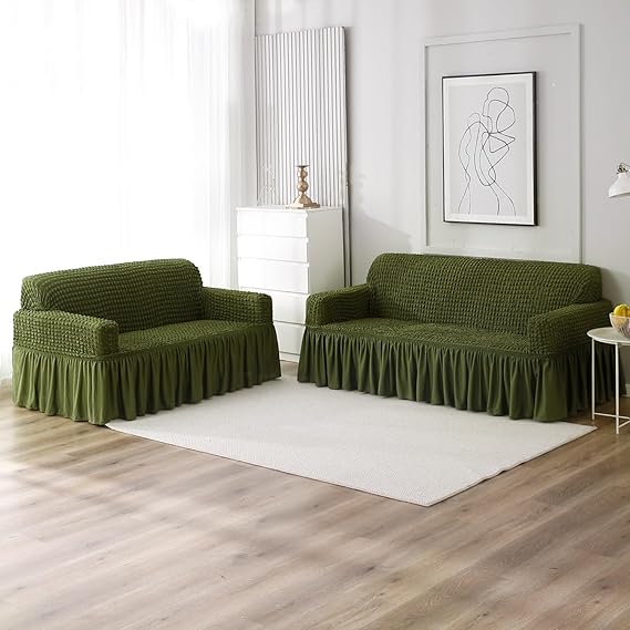 Forest Green Elastic stretchable Turkish Bubble frill sofa cover for 3 seater and 2 seater sofa set