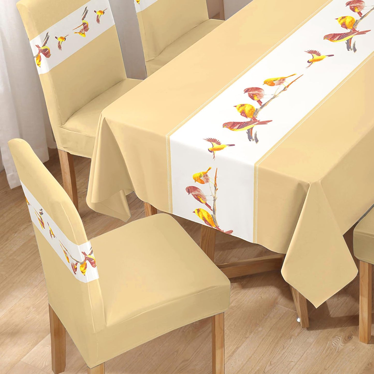 Polyester Dining Chair Covers Set of 4/6 with Matching Tablecloth, Chirping Birds Beige