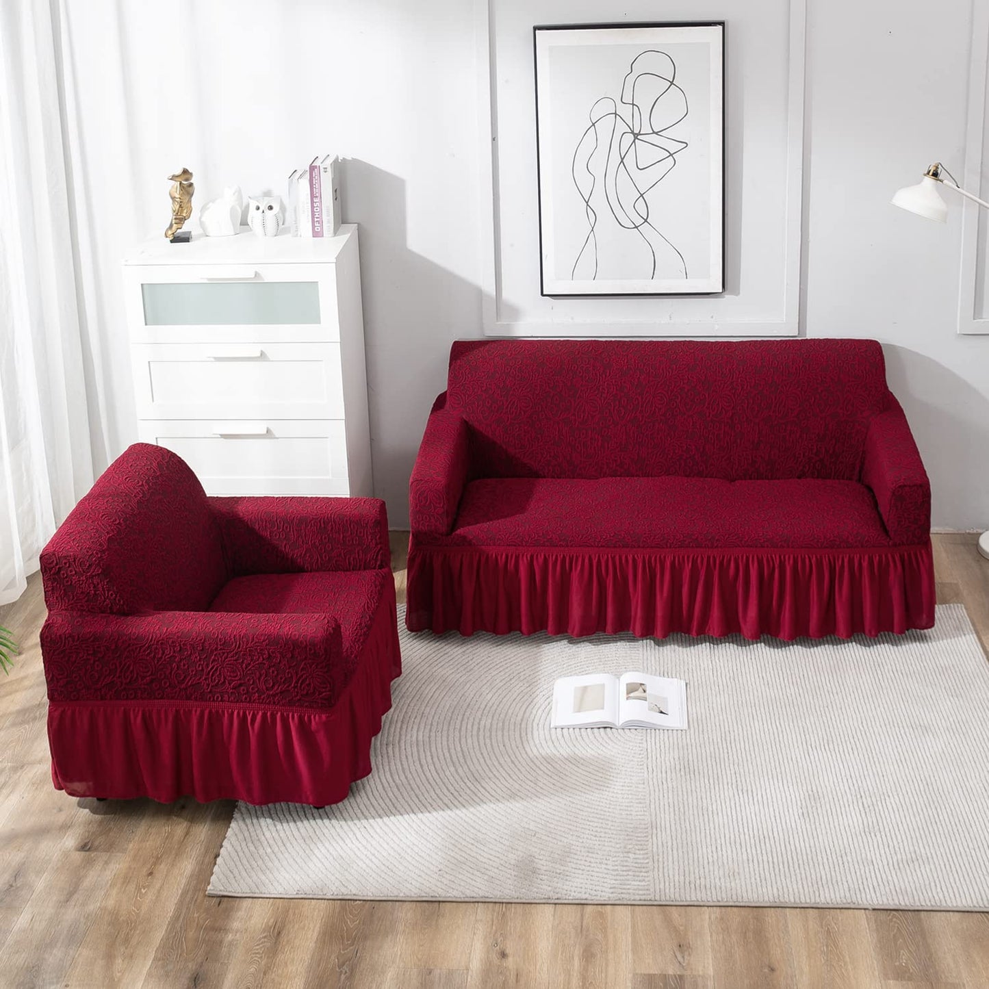 Wine Red designer woven jacquard frill sofa cover 3 1 1