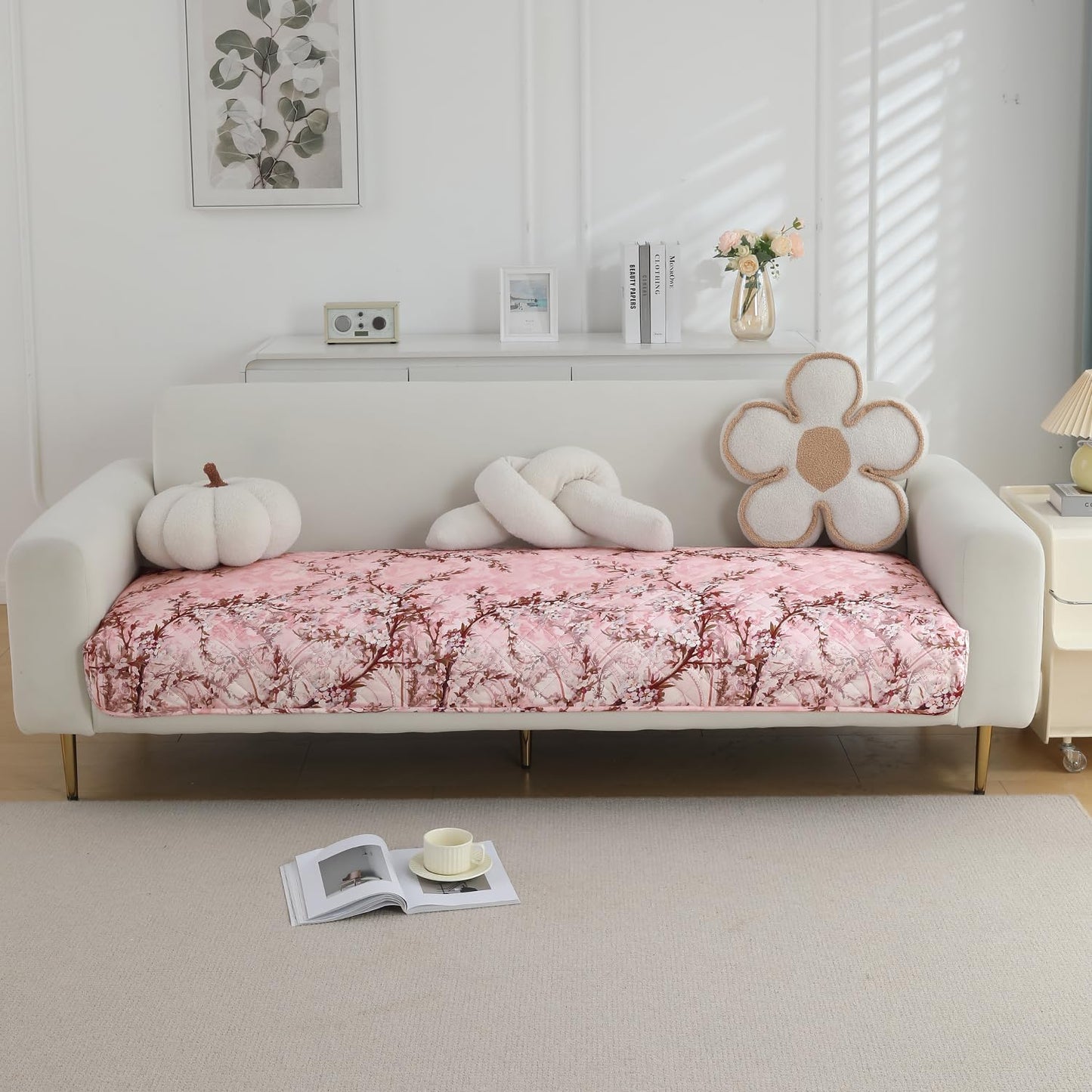 Quilted, Waterproof and Anti-Slip Sofa Cover Mat, Blossom Flower Pink