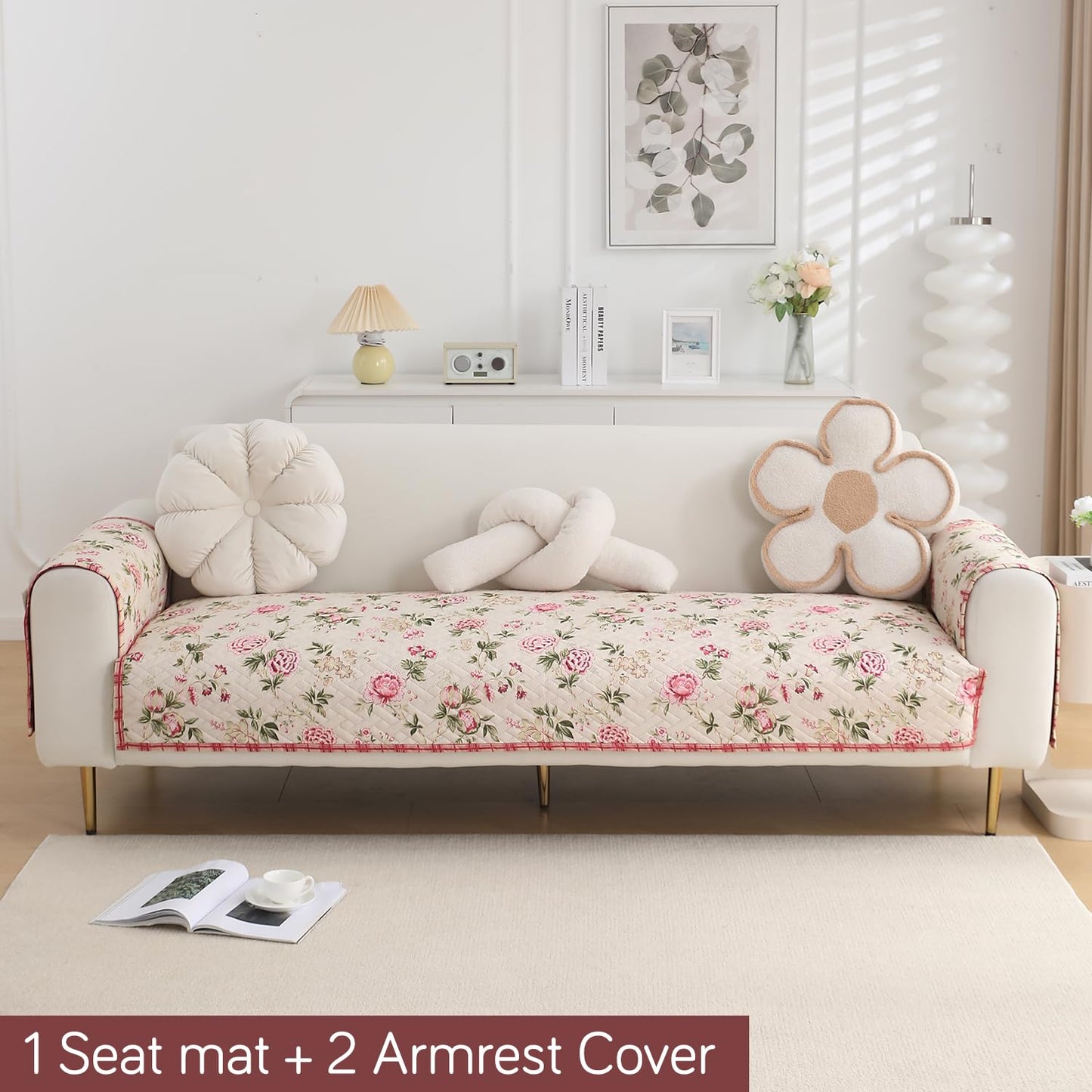 HOKIPO Quilted Sofa Seat Mat for 1/2/3 Seater with 2 Armrest Covers with Pockets,Beige Peonies
