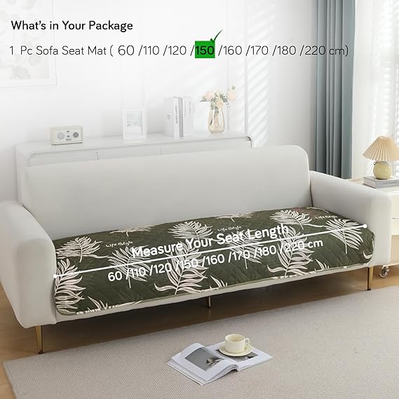 Quilted, Waterproof and Anti-Slip Sofa Cover Mat, Palm Leaves Olive