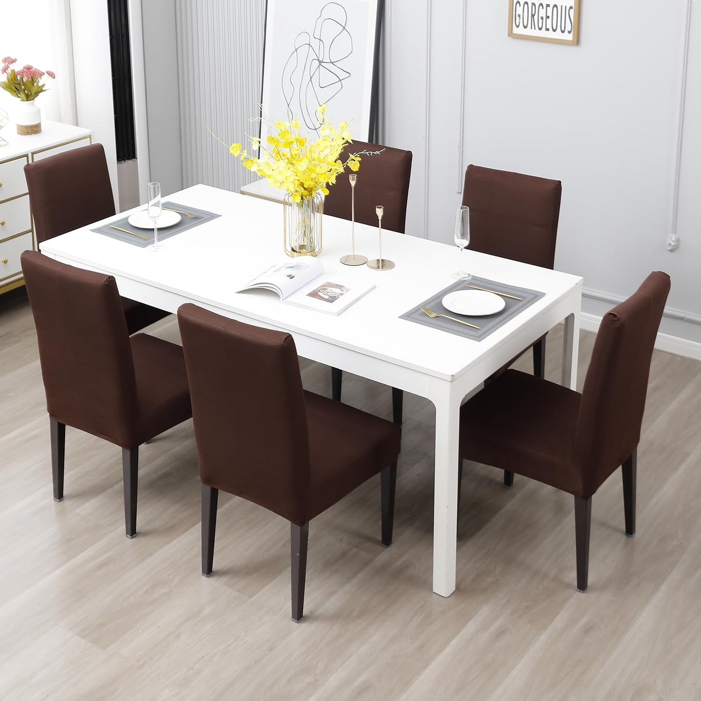 Elastic Stretchable Water Resistant Dining Chair Cover, Brown