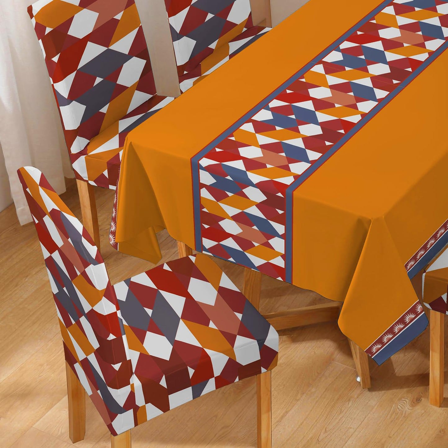 HOKIPO Polyester Dining Chair Covers Set of 4/6 with Matching Tablecloth, Parallelogram Ochre Brown