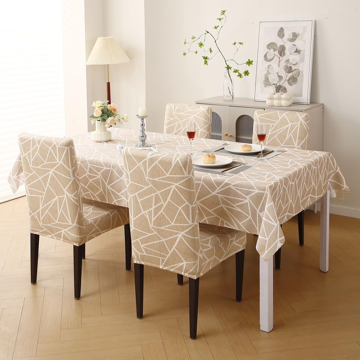 Elastic Dining Chair Covers with Matching Tablecloth, Beige Abstract Geometry