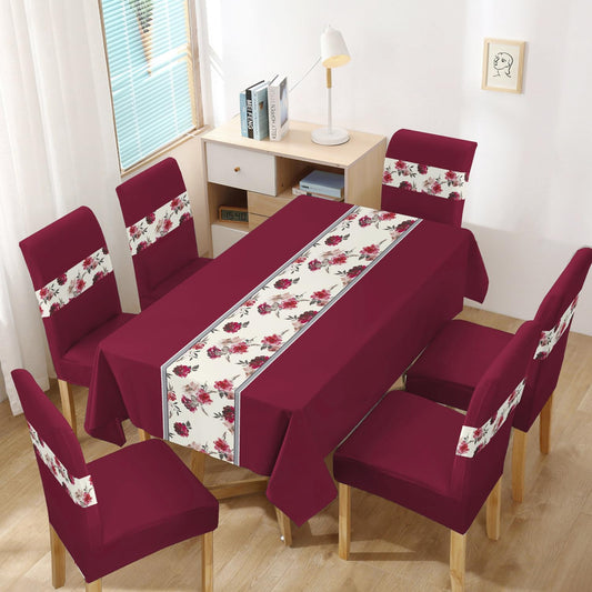 Polyester Dining Chair Covers Set of 4/6 with Matching Tablecloth, Floral Wine