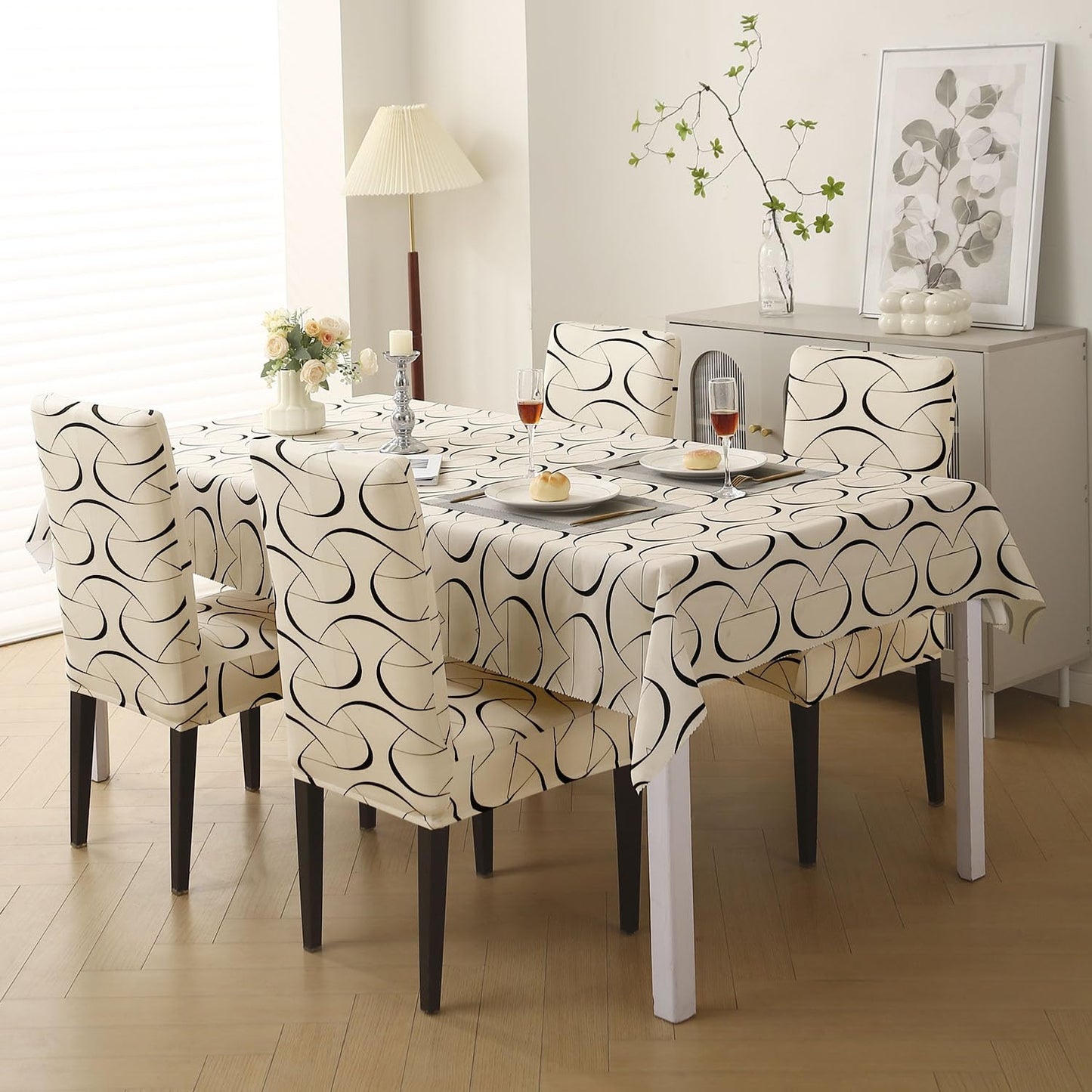 Elastic Dining Chair Covers with Matching Tablecloth, Natural Beige Abstract Art
