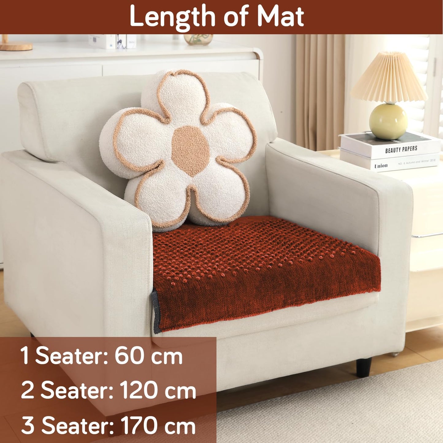 Handloom Made Thick Poly Velvet Reversible Sofa Mat for 1/2/3 Seater, Rust Brown