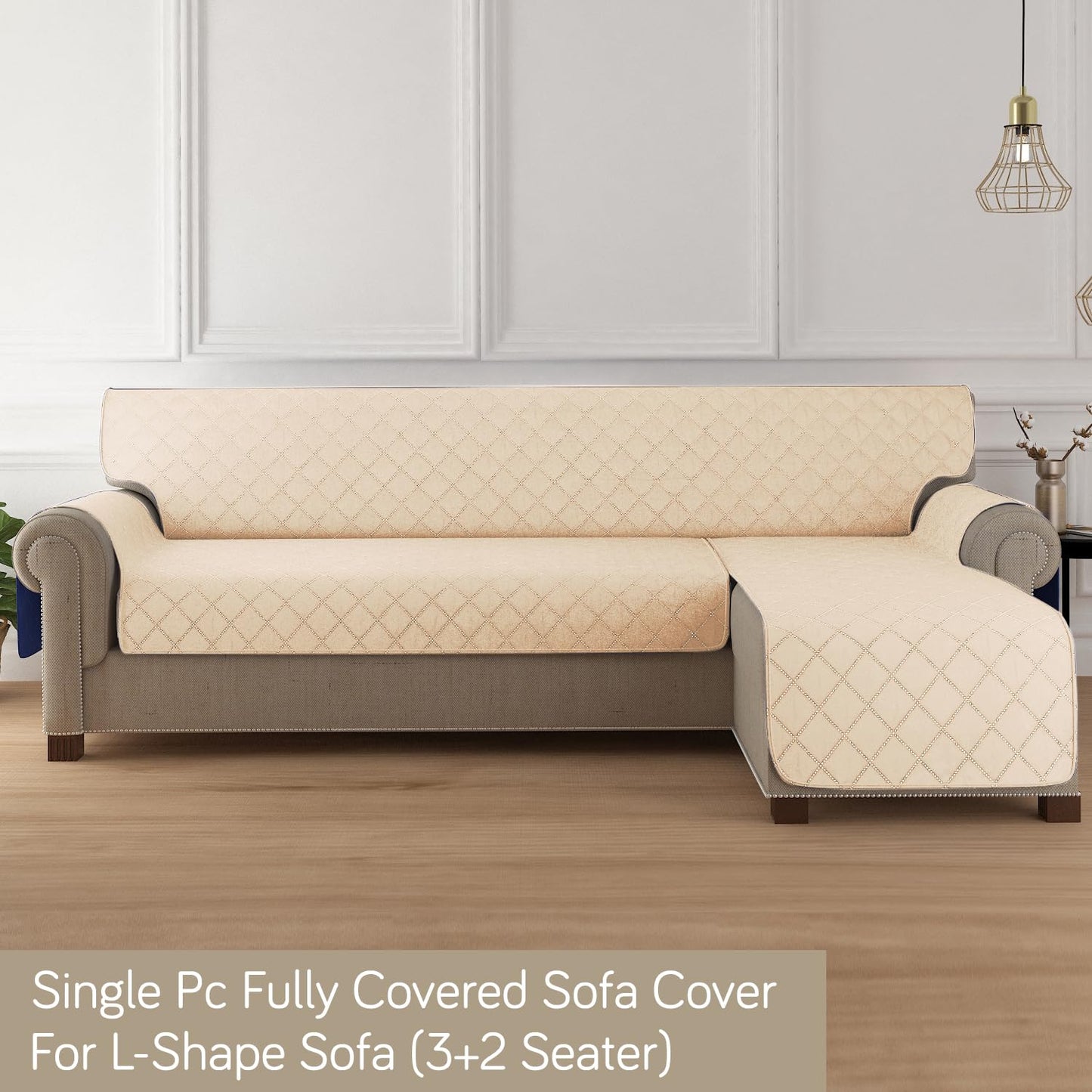 HOKIPO Quilted Reversible One Piece L Shape 4/5/6 Seater Sofa Cover Mat, Beige