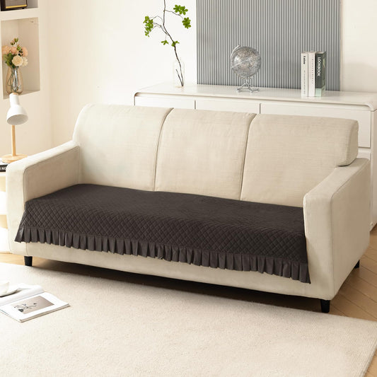 Holland Velvet Sofa Cover Seat Mat with Frill for 1/2/3 - Seater, Dark Grey