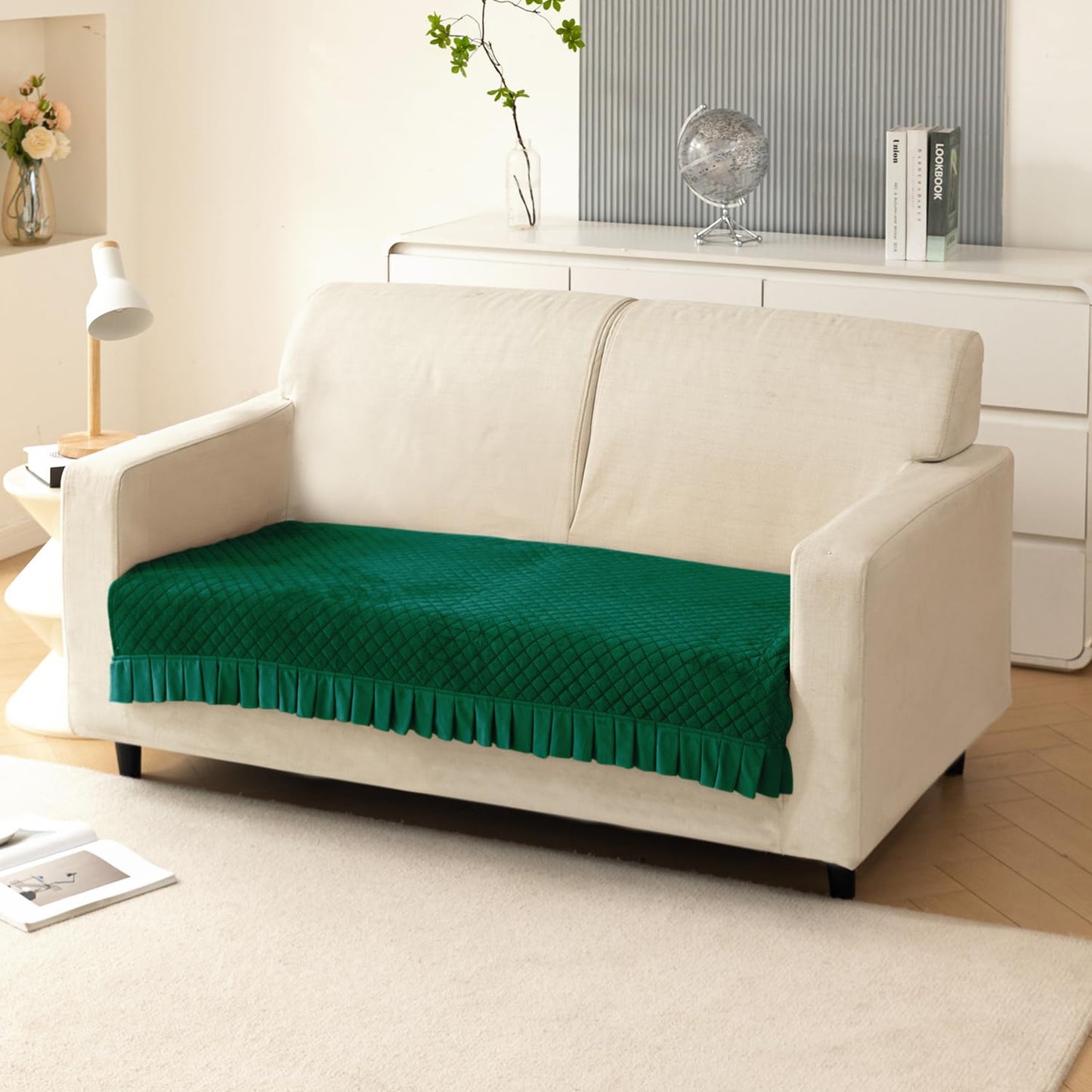 Holland Velvet Sofa Cover Seat Mat with Frill for 1/2/3 - Seater, Bottle Green