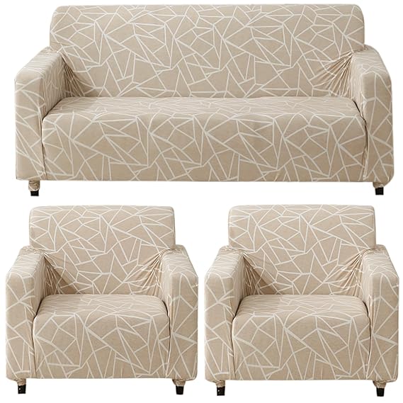 Elastic Stretchable Printed 140gsm Fully Covered Sofa Cover, Beige Abstract Geometry