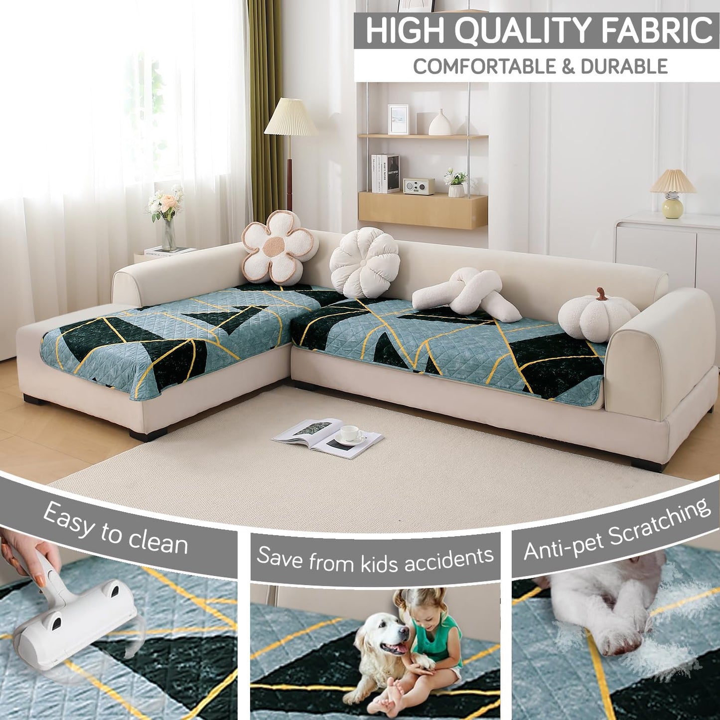 Waterproof Printed Quilted Quick Dry L Shape Sofa Seat Cover Mat, Multicolor Abstract Geometry