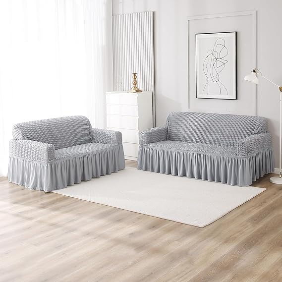 Elastic Stretchable 280 GSM Turkish Bubble Sofa Cover with Frill, Ash Grey