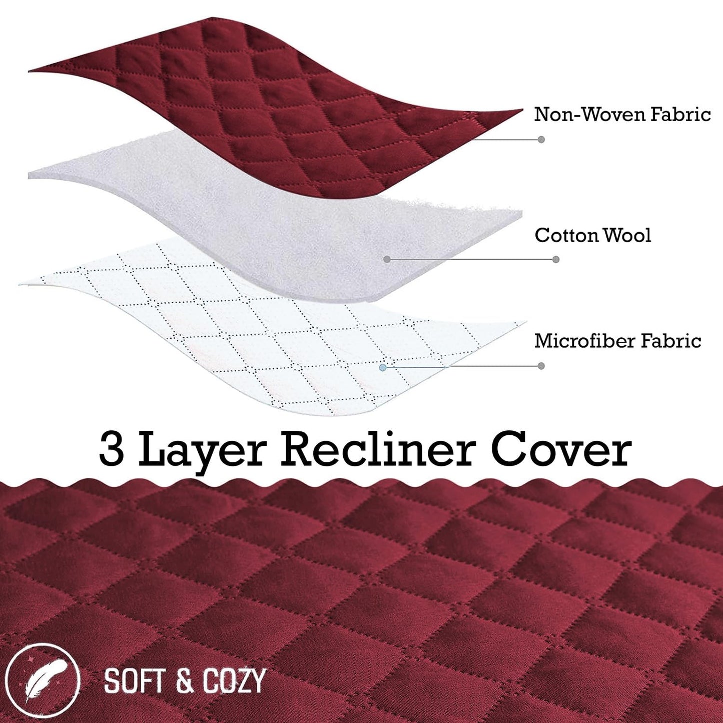 Quilted Recliner Chair Cover With Side Pockets for 1 Seater Sofa, Burgundy
