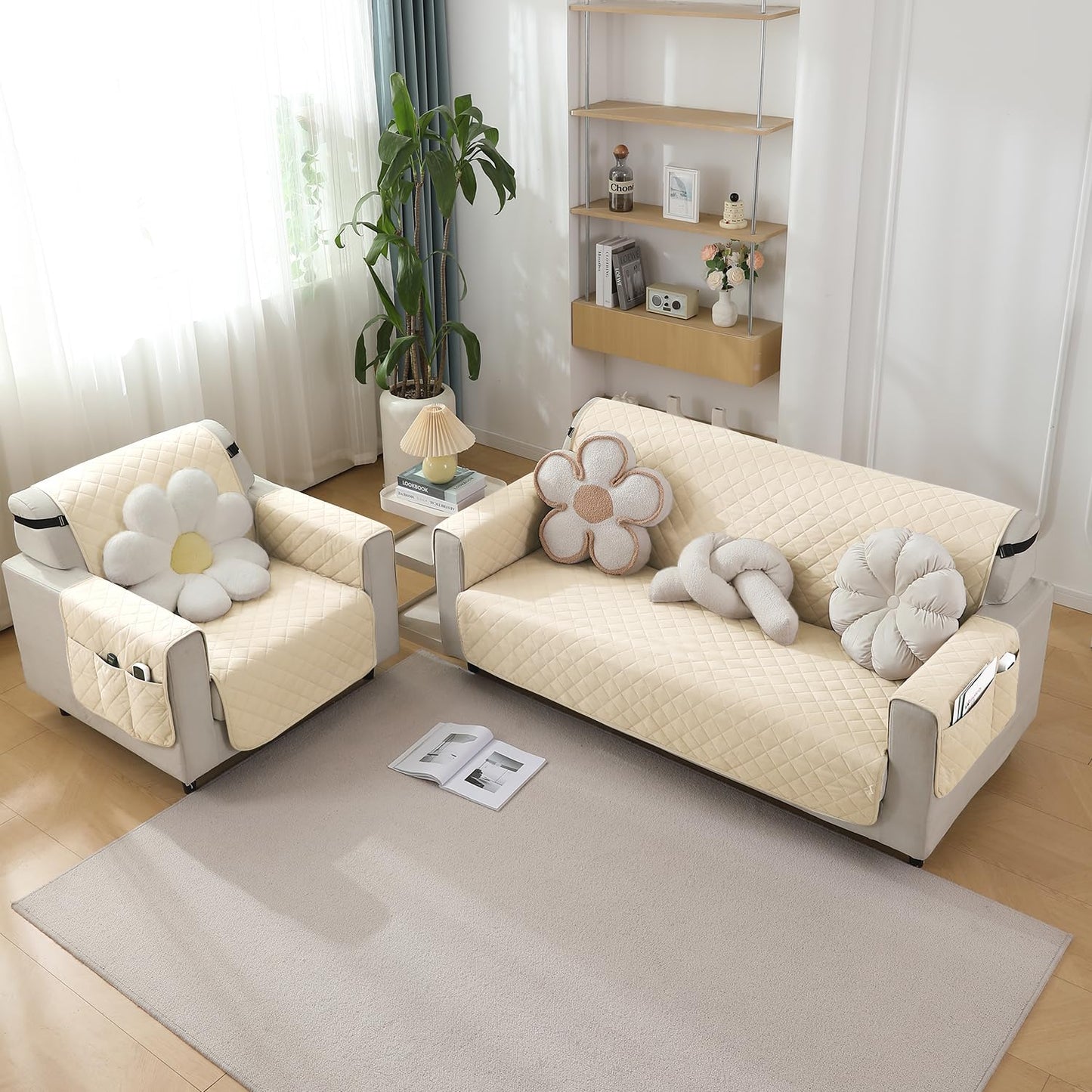 Quilted Waterproof Sofa Cover Mat with Pockets on Armrest Cover - Cream