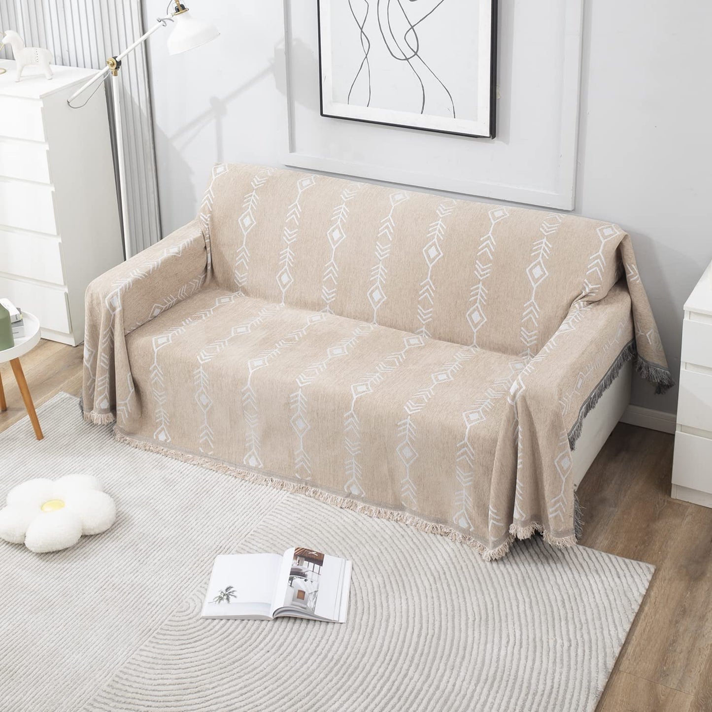 Beige Aztec, Thick, Soft and Pet Friendly Chenille Sofa Cover Throw