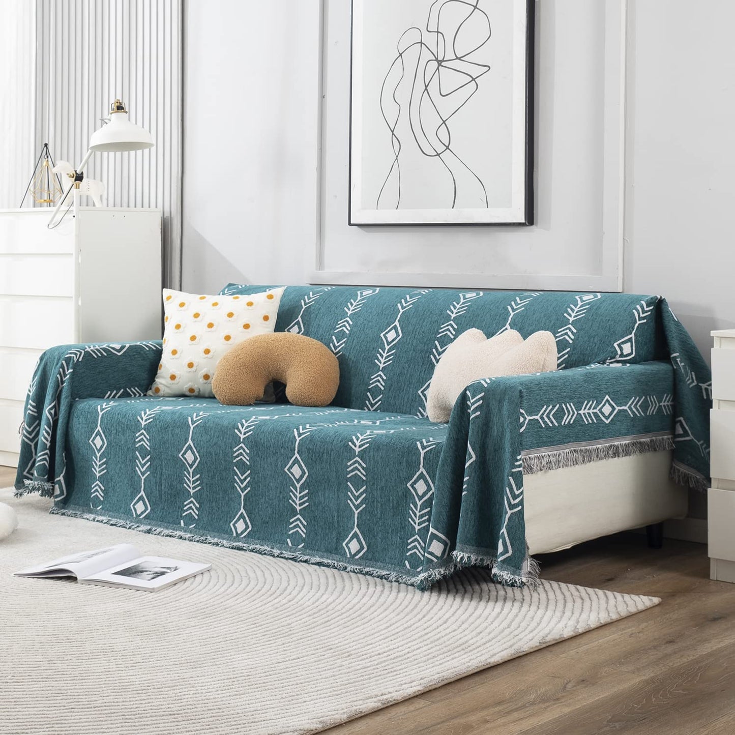 Thick, Soft and Pet Friendly Chenille Sofa Cover Throw, Teal Aztec