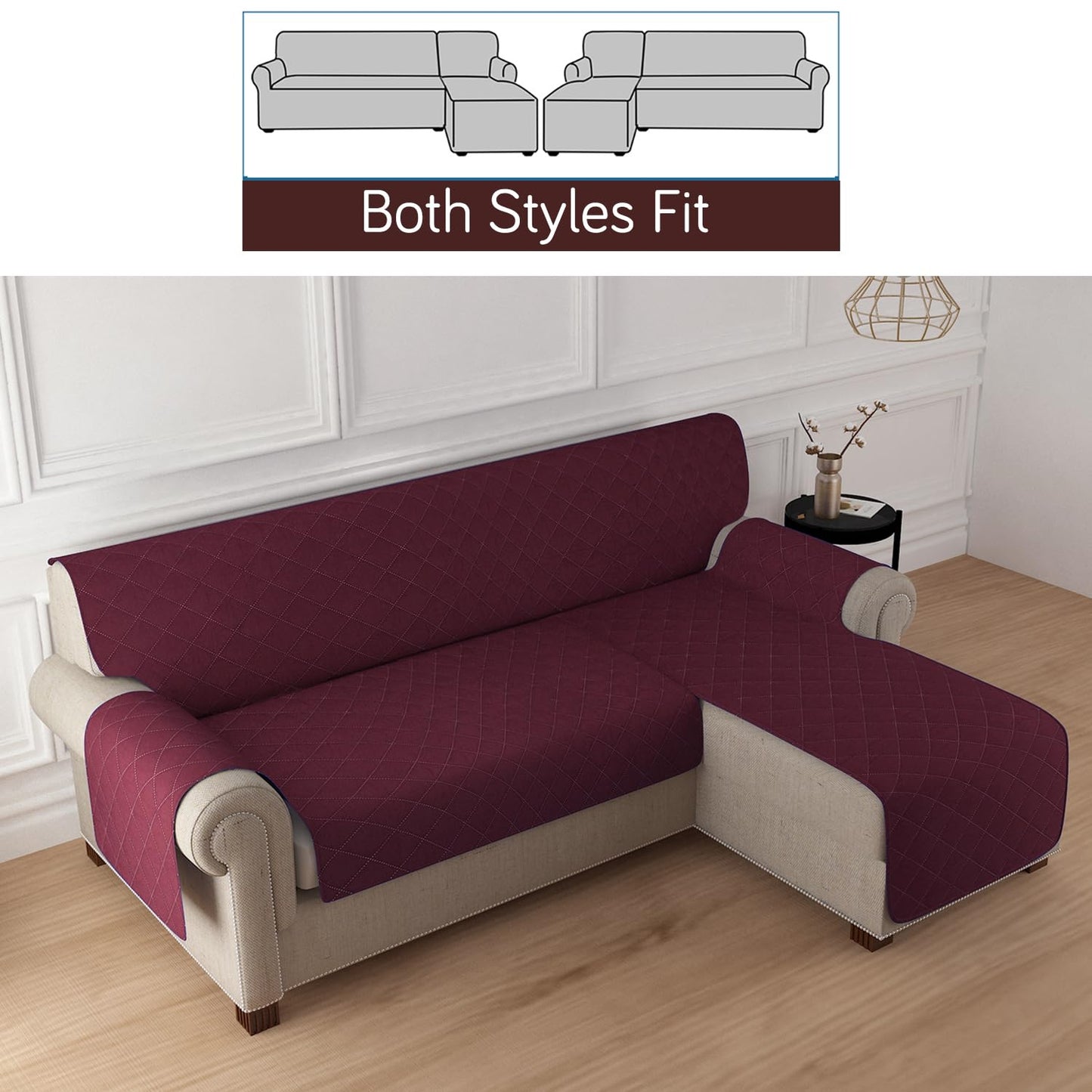 Quilted Reversible One Piece L Shape 4/5/6 Seater Sofa Cover Mat, Burgundy