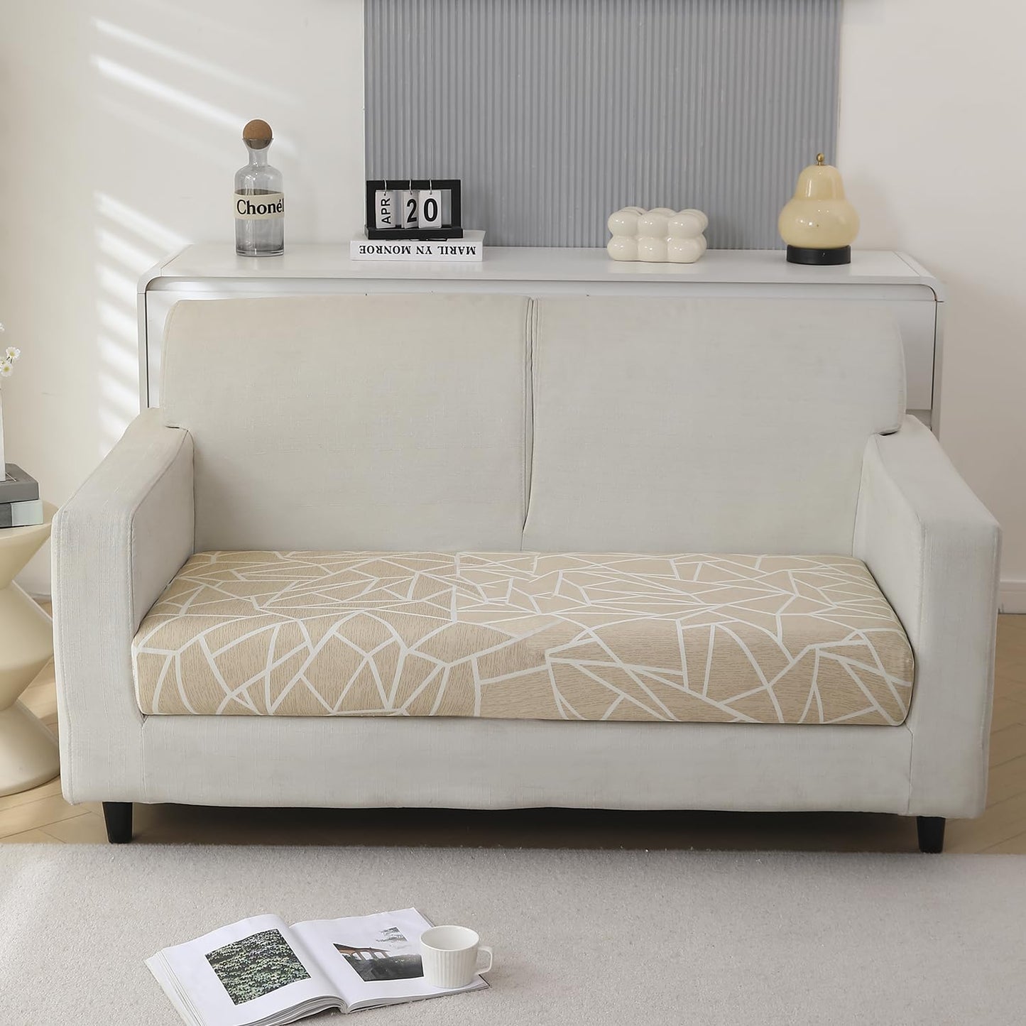 140 GSM Stretchable Printed Elastic Sofa Cushion Seat Cover for 1 /2 /3 Seaters / Pieces for Sofa, Beige Abstract Geometry