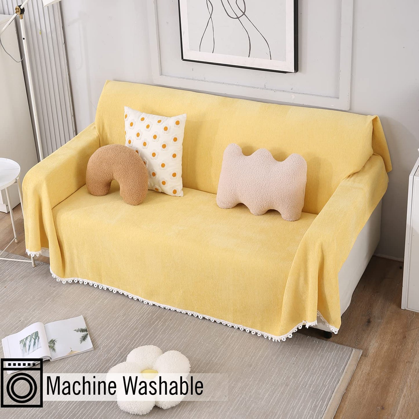Yellow colour chenille sofa throws in size 180(D)x180(L) for one seater, 180(D)x230(L) for two seater, 180(D)x300(L) for 3 seater