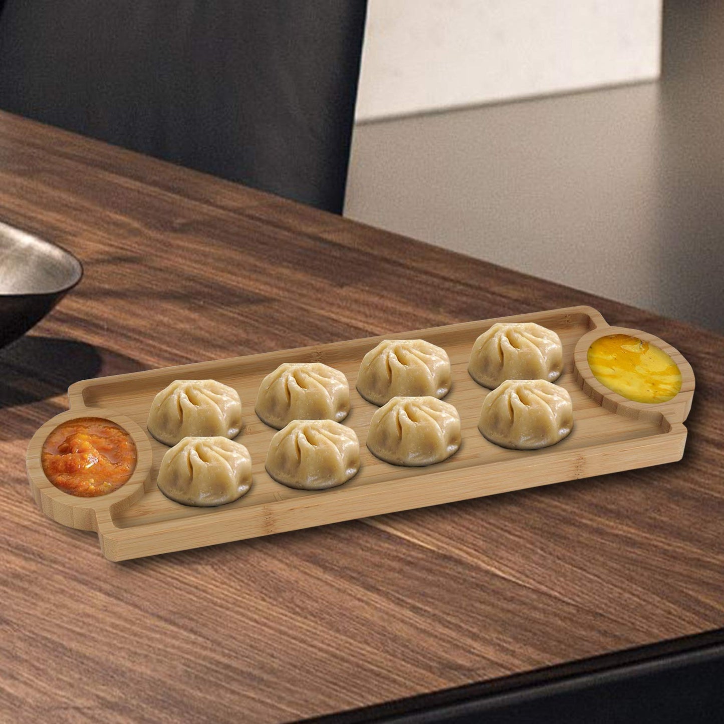 Wooden Bamboo Starter Serving Tray / Dip and Chips Platter - Pack of 2