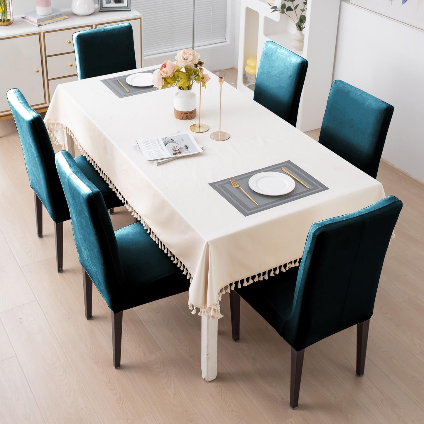 Elastic Stretchable Premium Velvet Dining Chair Cover, Peacock Blue