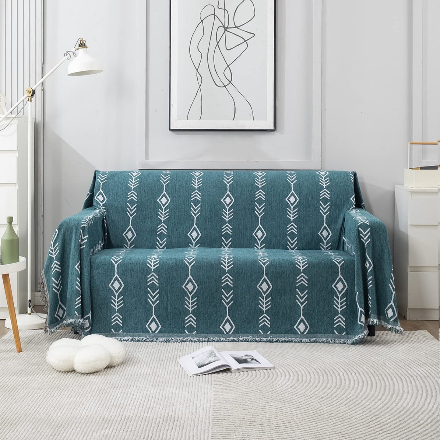 Thick, Soft and Pet Friendly Chenille Sofa Cover Throw, Teal Aztec