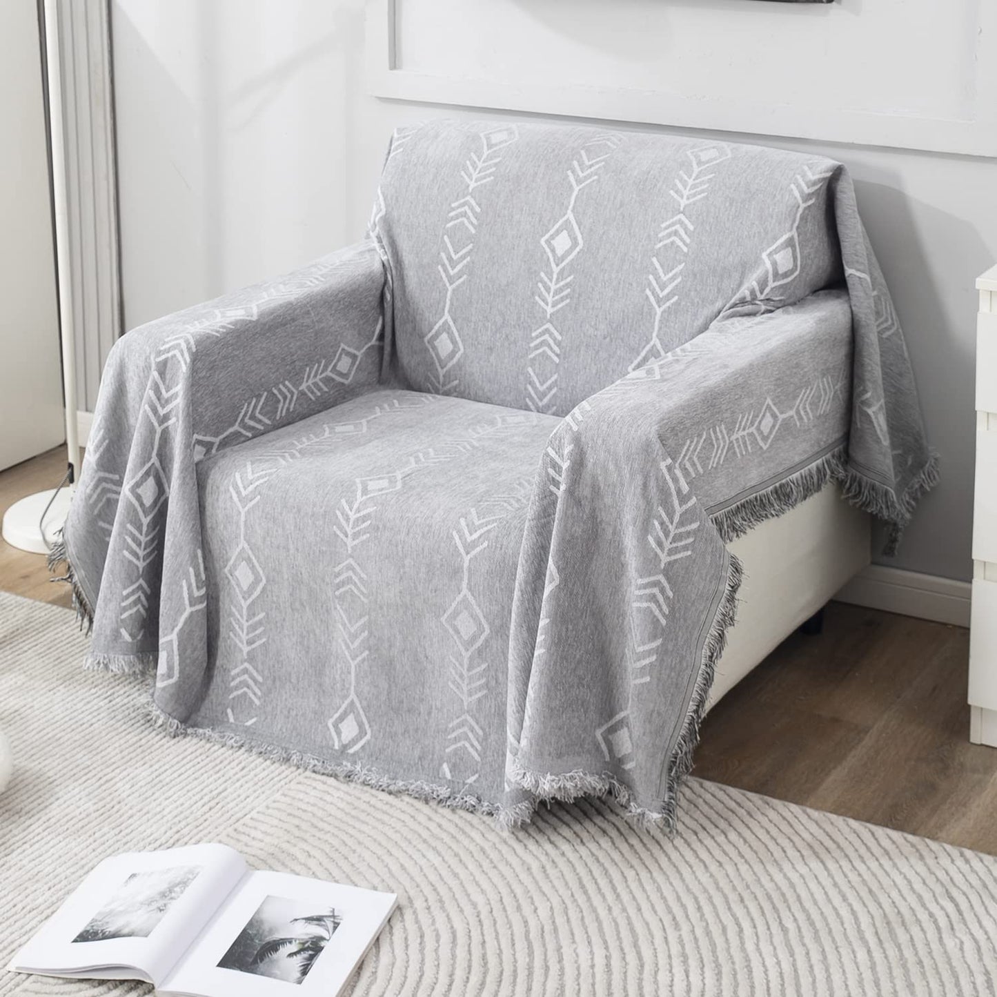 Thick, Soft and Pet Friendly Chenille Sofa Cover Throw, Grey Aztec