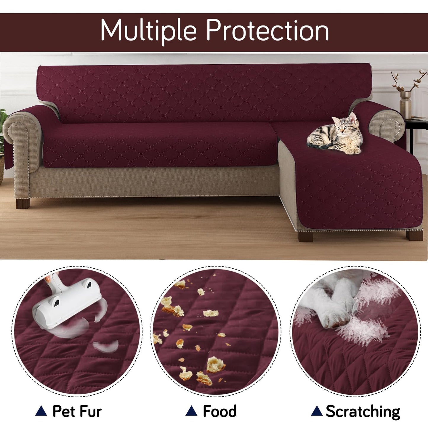 Quilted Reversible One Piece L Shape 4/5/6 Seater Sofa Cover Mat, Burgundy