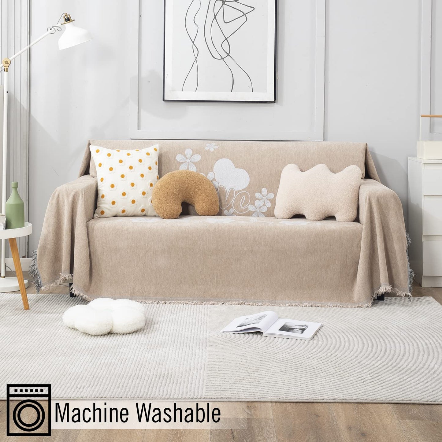 Beige Nature, Soft and Pet Friendly Chenille Sofa Cover Throw