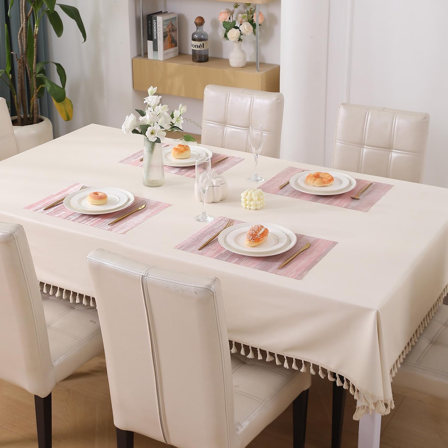 HOKIPO PVC Dining Table Mats and Runner Set of 4/6, Rosemilk Essence Vertical Lines