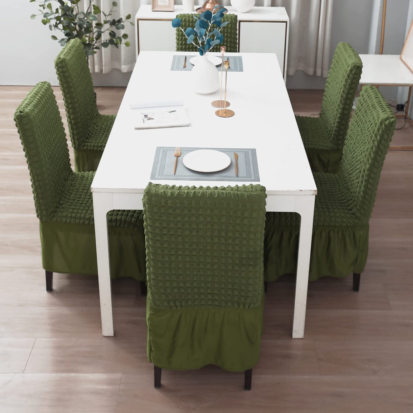Elastic Stretchable 280 GSM Bubble Dining Chair Cover with Frill, Forest Green