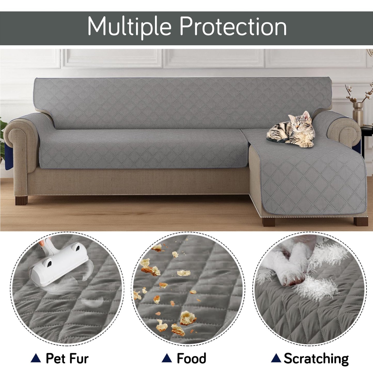 HOKIPO Quilted Reversible One Piece L Shape 4/5/6 Seater Sofa Cover Mat, Light Grey