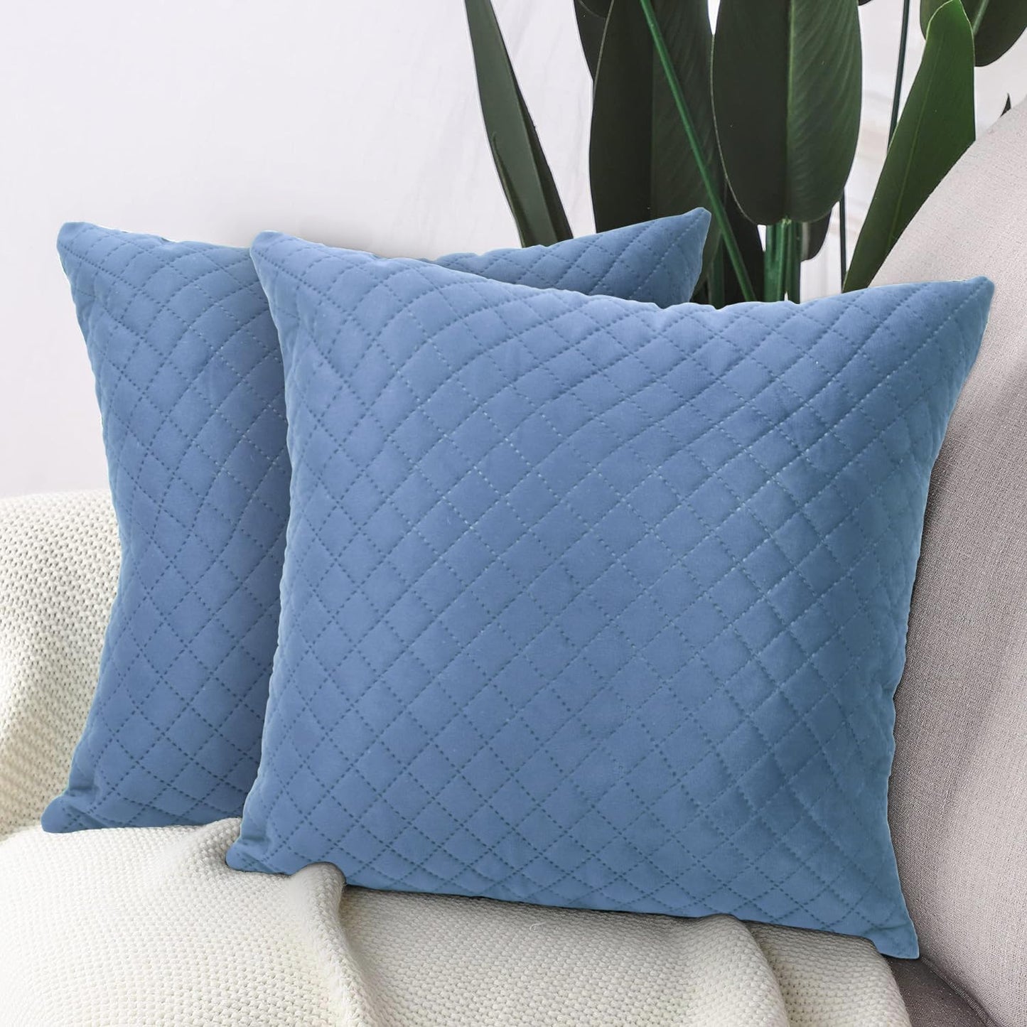 HOKIPO Quilted Velvet Sofa Cushion Cover Pack of 2, Placid Blue