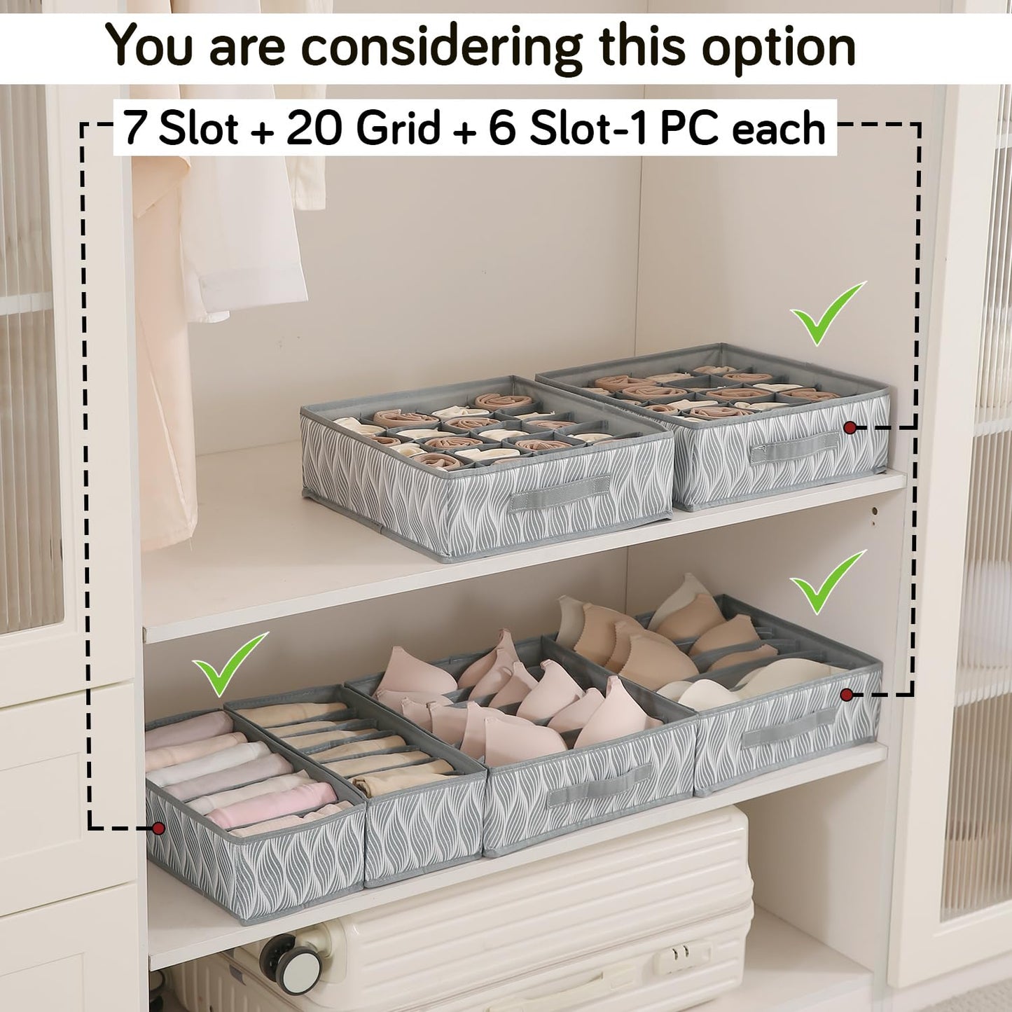 Lingerie Organizer for Women – Bra Organizer for Wardrobe & Drawers | Foldable Innerwear Organiser for Bras, Camisoles | Non-Woven Fabric, Grey leaves