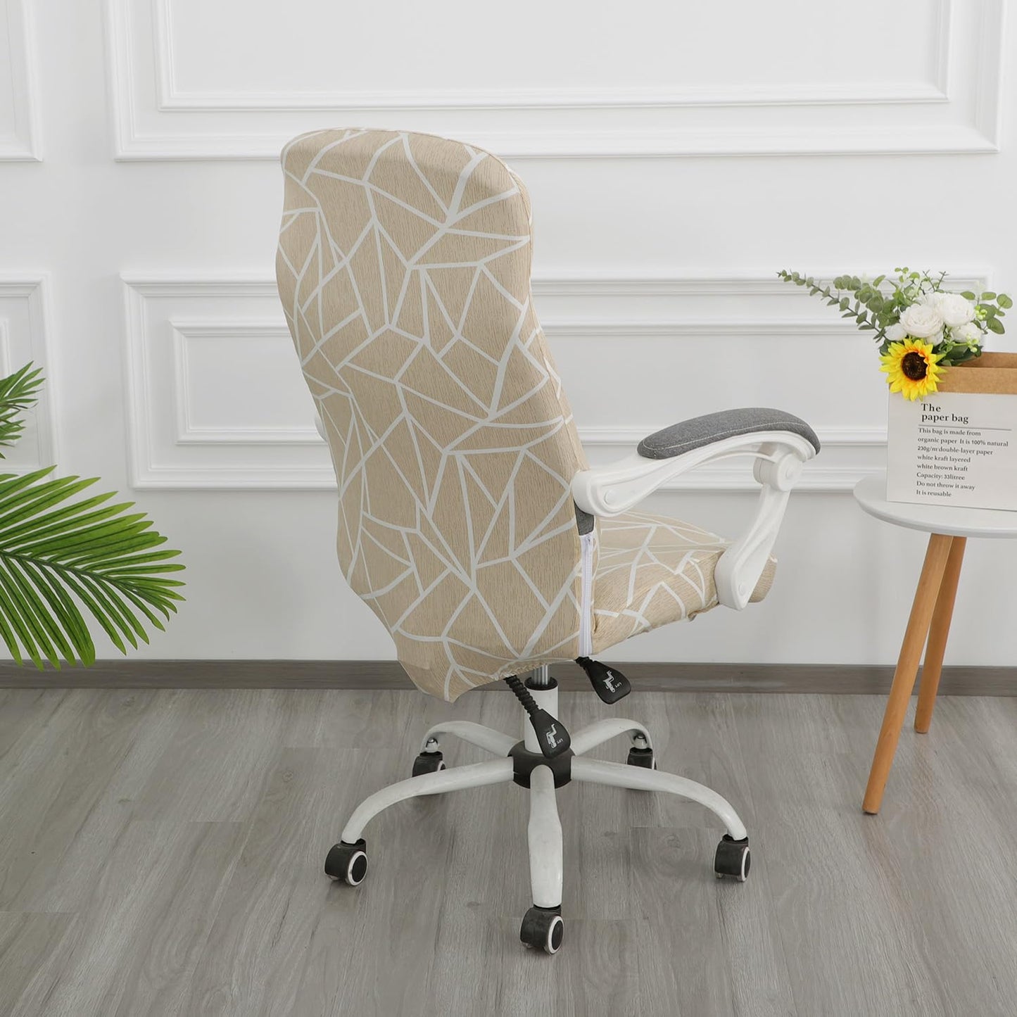 HOKIPO 140gsm Stretchable Office Chair Cover, Beige Abstract Geometry - Medium / Large