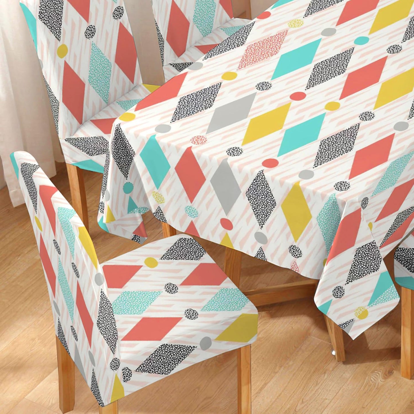 Elastic Dining Chair Covers Set of 4/6 with Matching Tablecloth, Rhombus Multicolor