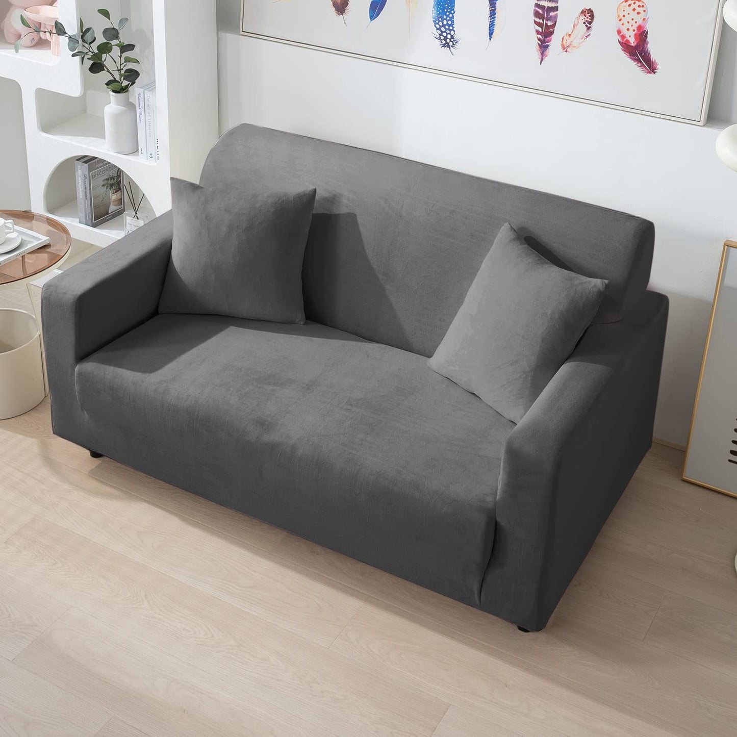 Luxury two seater Dark Grey elastic velvet sofa covers