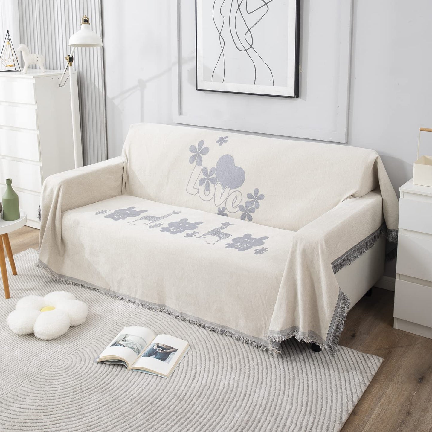Off-White Nature, Soft and Pet Friendly Chenille Sofa Throw Cover
