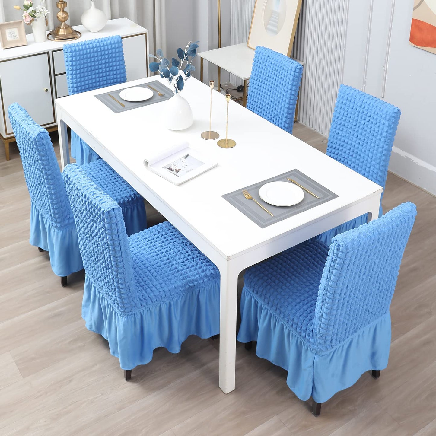 Elastic Stretchable 280 GSM Bubble Dining Chair Cover with Frill, Sky Blue