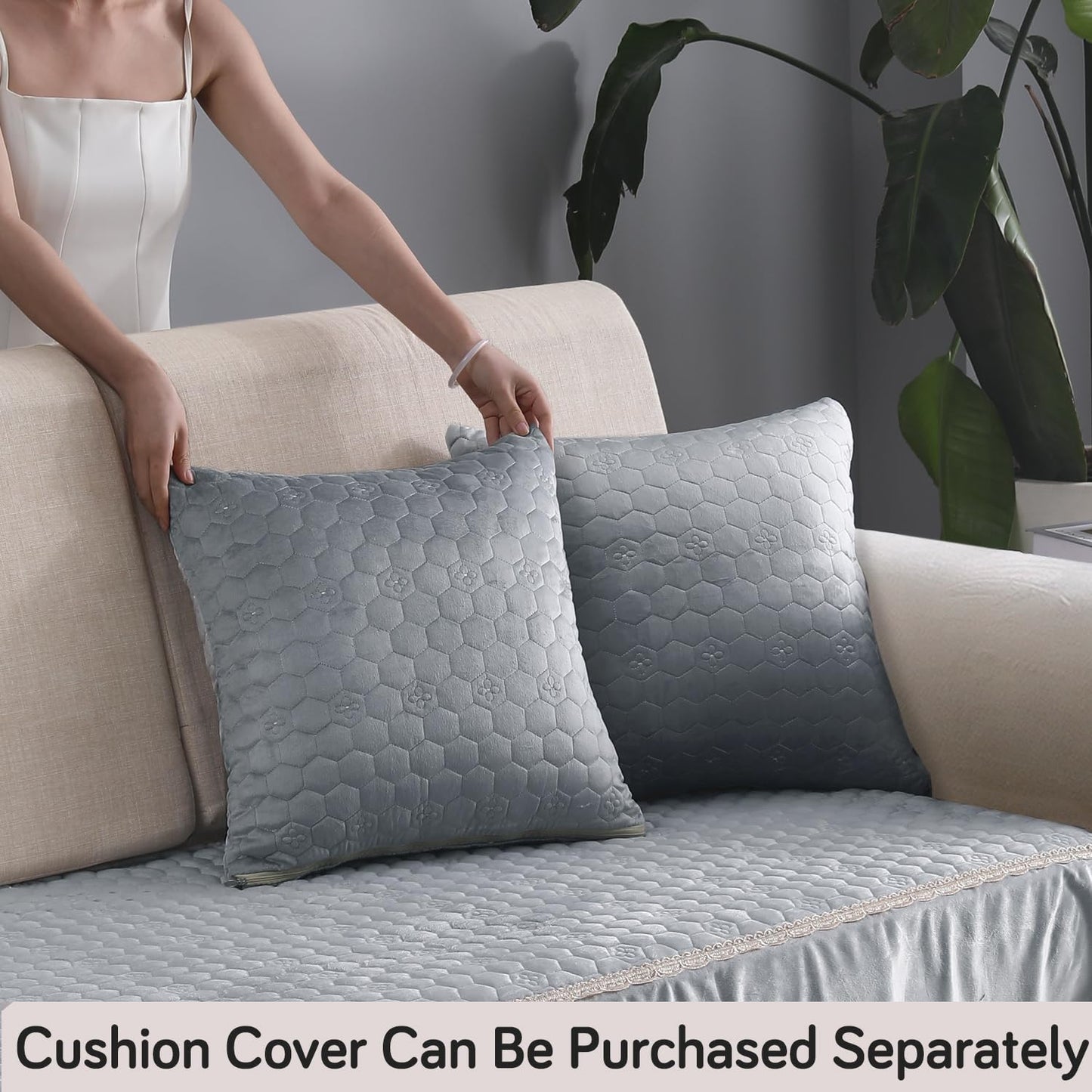Premium Dutch Velvet Sofa Seat Mat for 1/2/3 Seater Sofa and Cushion Cover, Light Grey