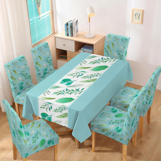Polyester Dining Chair Covers Set of 4/6 with Matching Tablecloth, Varied Leaves Rhine Blue