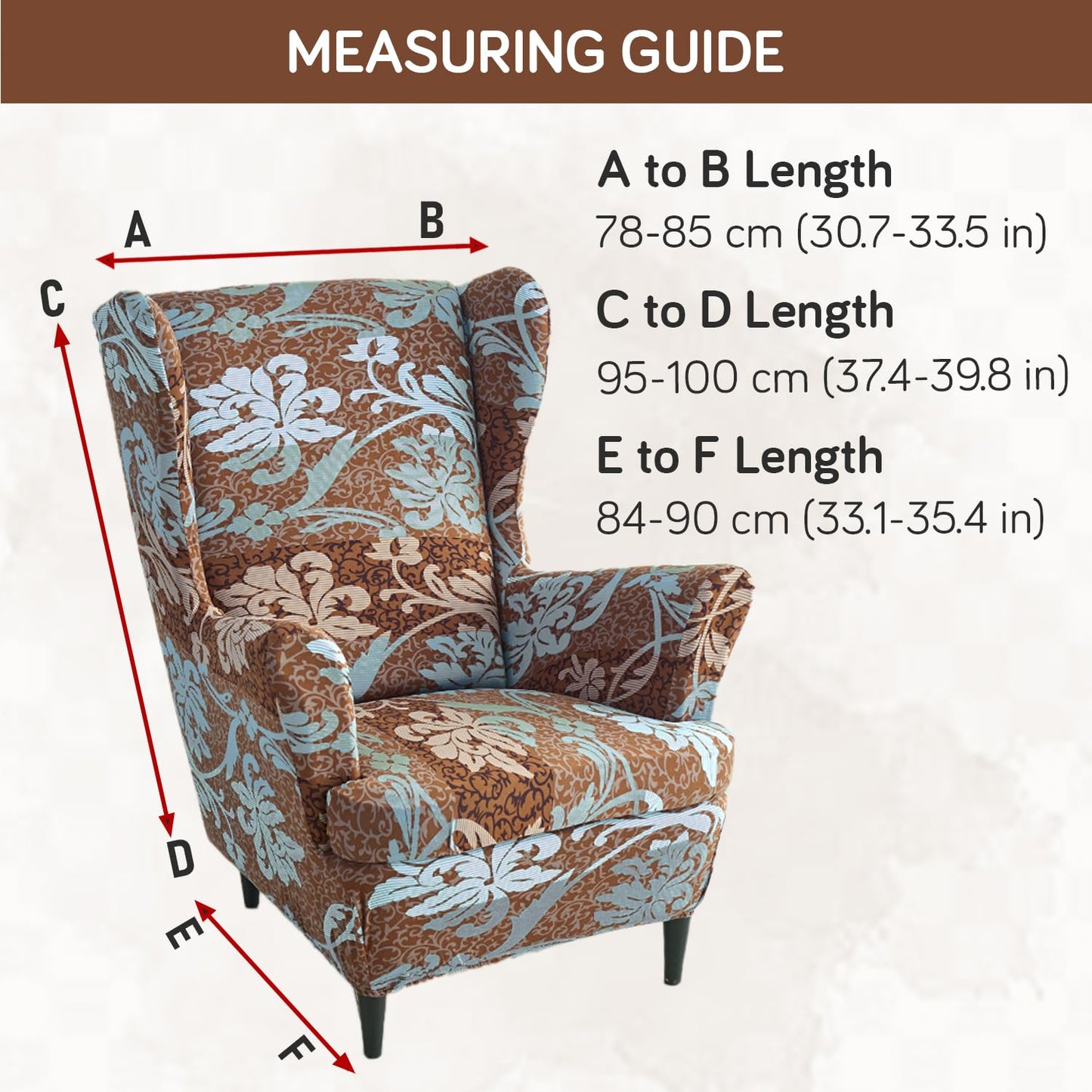 Rich Chocolate Damask Floral Stretchable Chair Cover for Wingback Chair size guide
