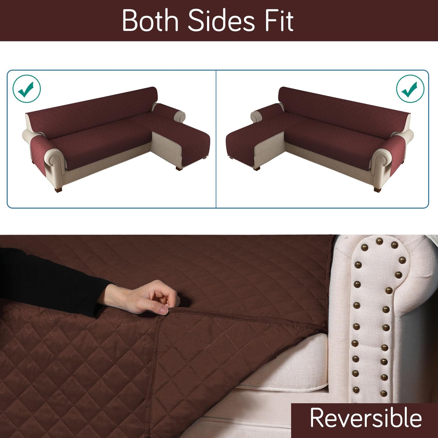 HOKIPO Quilted Reversible One Piece L Shape 4/5/6 Seater Sofa Cover Mat, Brown