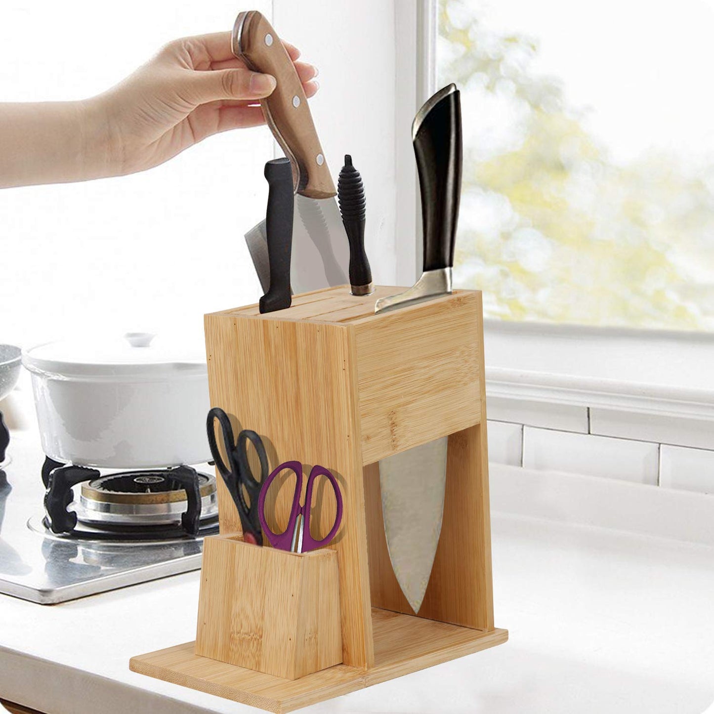 Wooden Knife Holder for Kitchen, Universal Knives Holder Stand with 5 Slots.