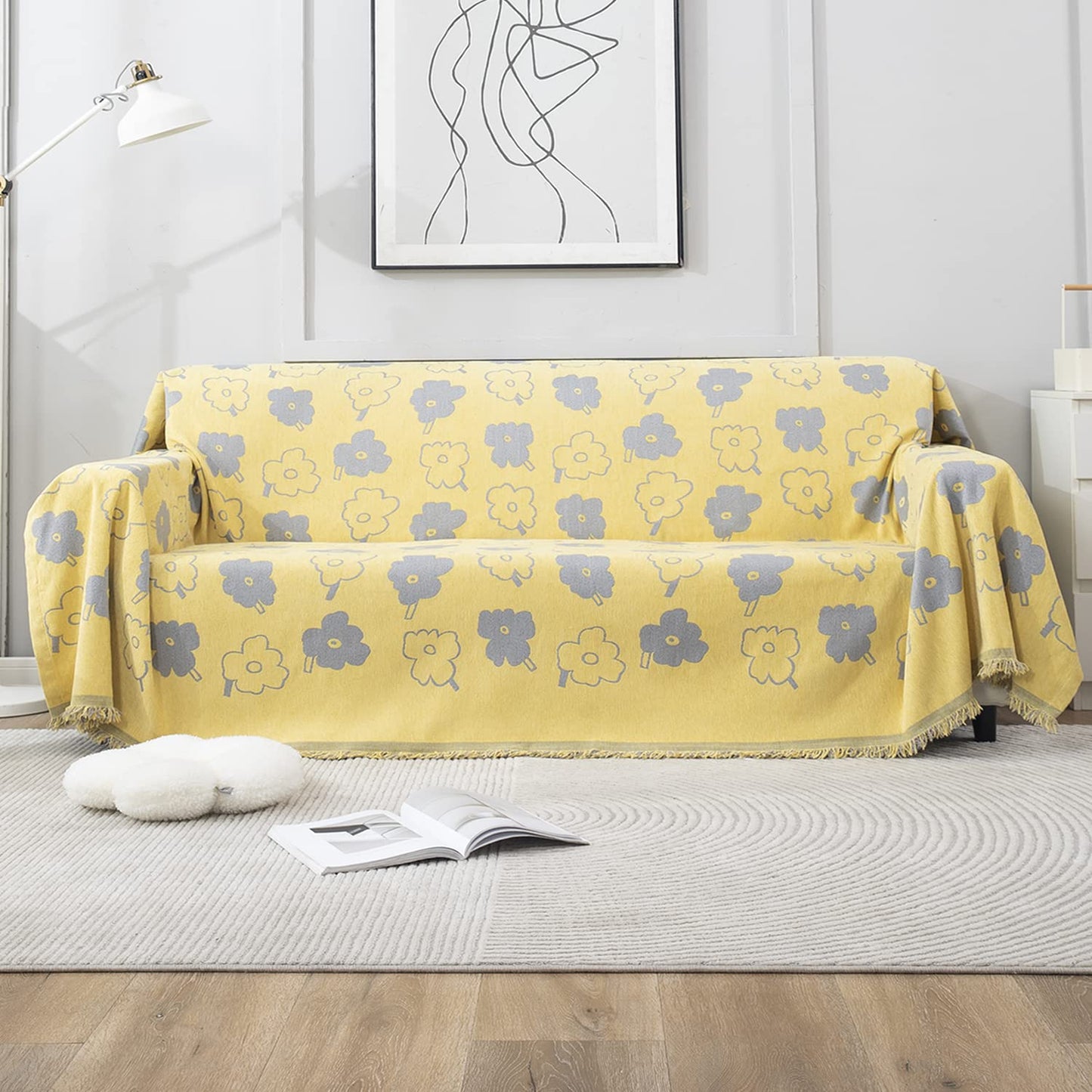 Thick, Soft and Pet Friendly Chenille Sofa Cover Throw, Yellow Floral